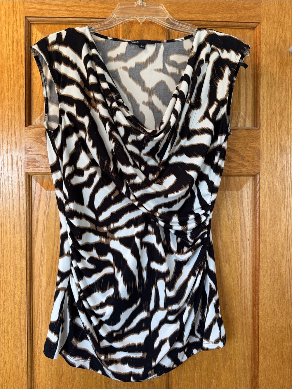 Chaps Black, White and Brown Zebra-Print Draped Neck Top, Women’s Sz S